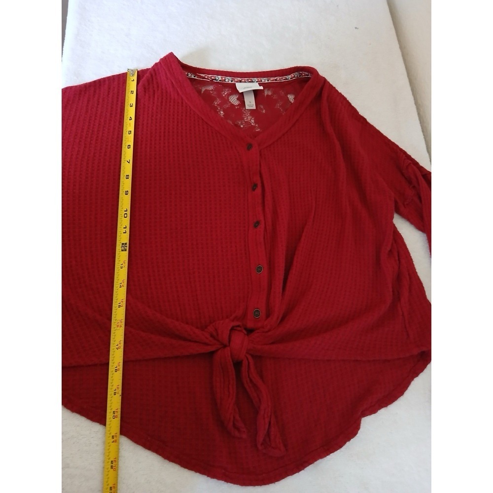 KNOX ROSE Waffle Knit Dropped Shoulder Blouse Topβ Small Front Knot Lace Back - Picture 10 of 16